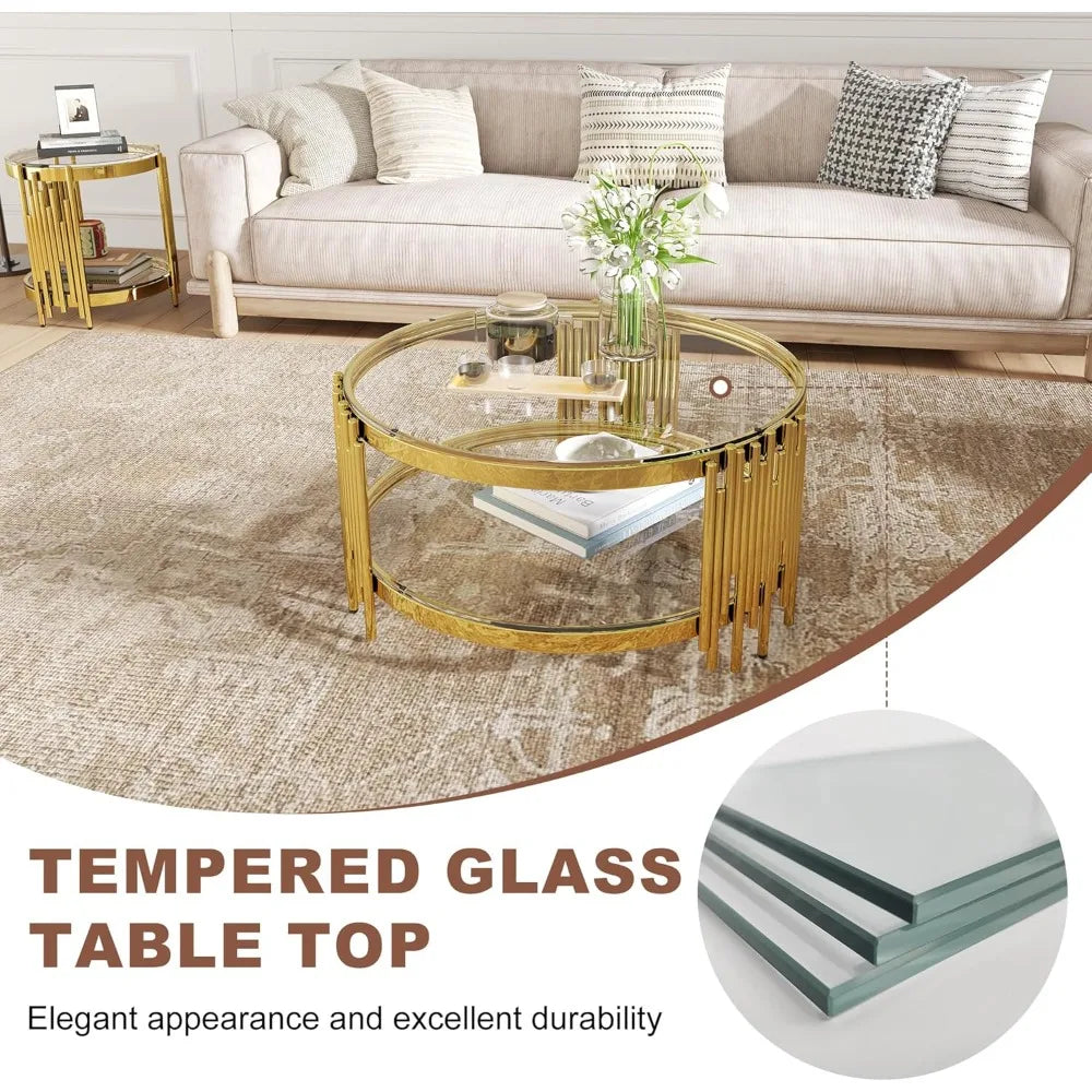 MKDK 3 Piece Glass Coffee Table Set With End Tables Stainless Steel Frames