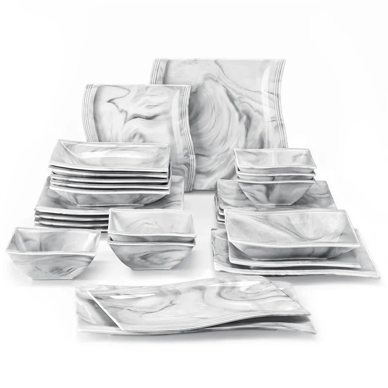 26Pcs Nordic Marble Pattern Porcelain Plates and Bowls Square Dinnerware Set Ceramic Dinner Plates Dishes Dessert Soup Plates