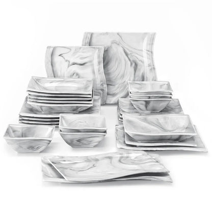 26Pcs Nordic Marble Pattern Porcelain Plates and Bowls Square Dinnerware Set Ceramic Dinner Plates Dishes Dessert Soup Plates
