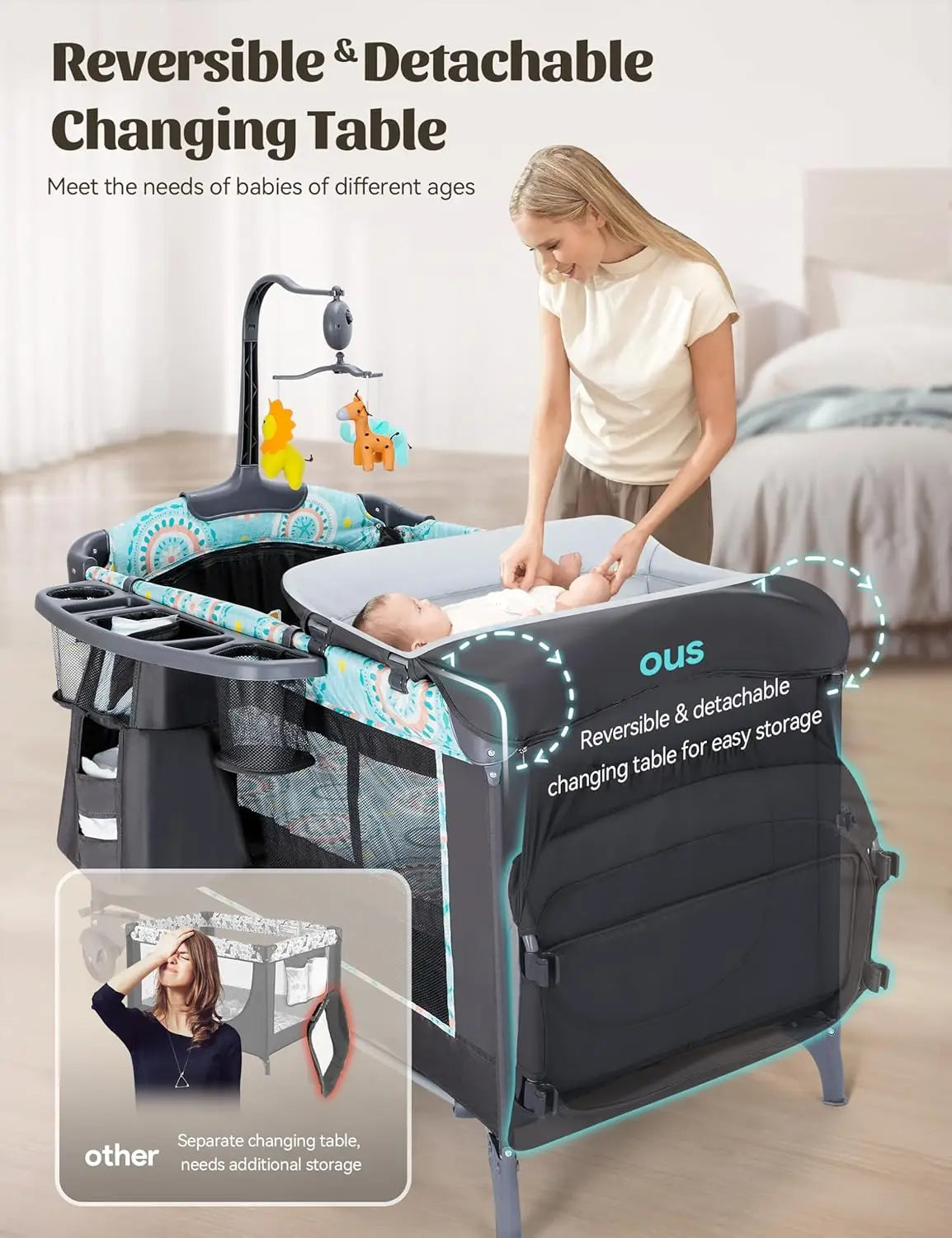 5-in-1 Bedside Baby Bassinet Detachable Changing Table Mattress Storage Music 3 Height Portable Playard Newborn, Customized