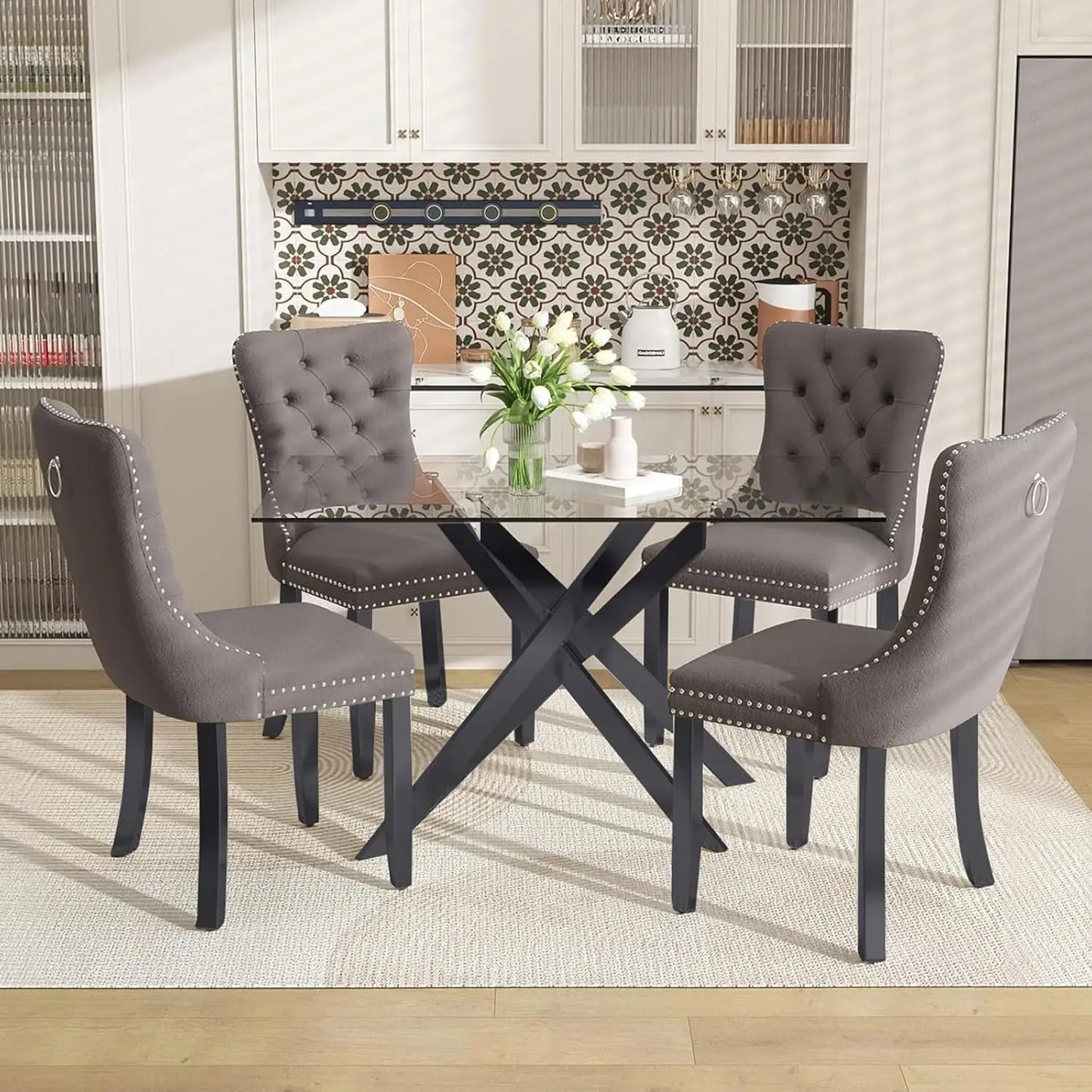 51 Inch Glass Dining Table Set for 4, Rectangular Glass Kitchen Table with 4 Upholstered Velvet Accent Chairs, 5 Piece Modern Di