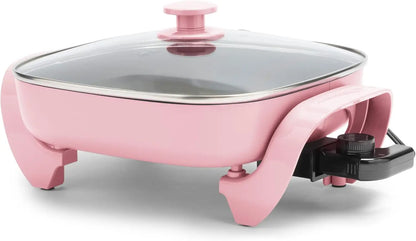 GreenLife 12" Square Electric Skillet with Glass Lid, Ceramic Nonstick, Adjustable Temp, Cool Handles, Pink