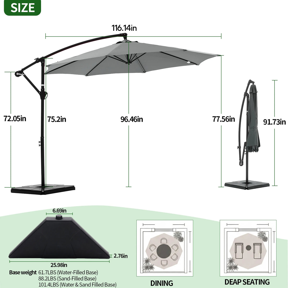 JHK Outdoor Offset Cantilever Patio Umbrella With Base And Tilt