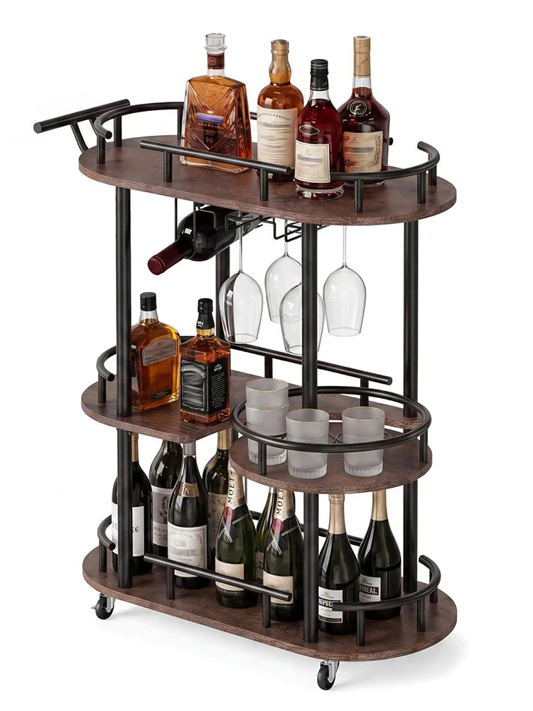 3 Tier Rolling Bar Cart With Wine Rack &amp; Glass Holder, Metal Kitchen Coffee Cart On Wheels, Mobile Serving Cart For Dining Room