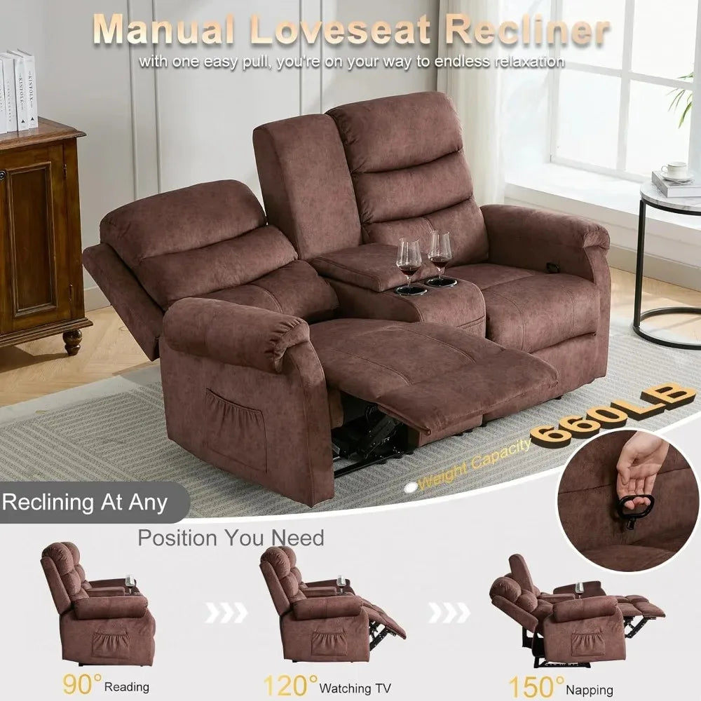 65.7-inch Manual Reclining Loveseat Sofa with Storage Console Cup Holders And Side Pockets Dual Recliner for Living Room