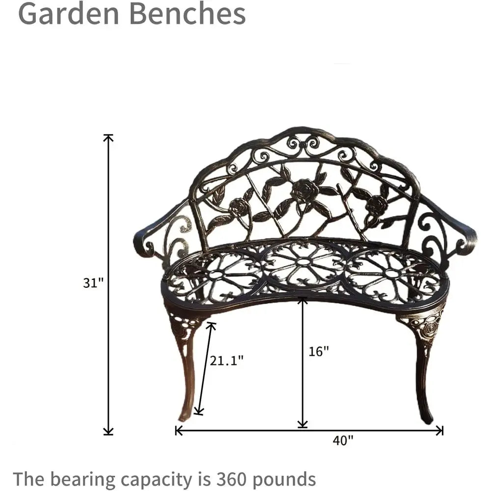 4-Piece Balcony Tables and Chairs, 1 Table, 2 Round Chairs and 1 Bench, Metal Cast, Bistro Suit, Garden Bench, Rose