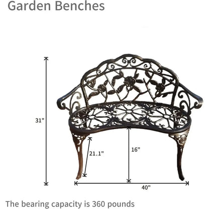 4-Piece Balcony Tables and Chairs, 1 Table, 2 Round Chairs and 1 Bench, Metal Cast, Bistro Suit, Garden Bench, Rose