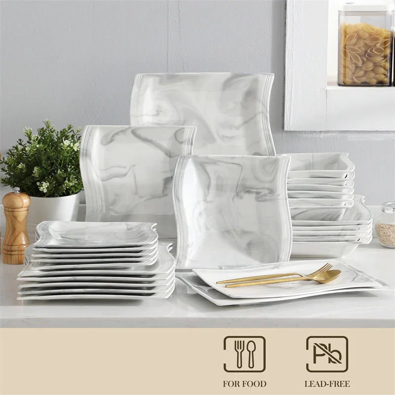 26Pcs Nordic Marble Pattern Porcelain Plates and Bowls Square Dinnerware Set Ceramic Dinner Plates Dishes Dessert Soup Plates