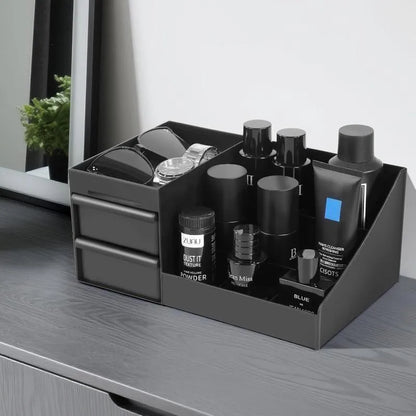 Black Skincare Organizer with Drawers Large Capacity Vanity Countertop Cosmetic Storage Box Multi Compartment Perfume Toiletry Bathroom Desktop Makeup Caddy