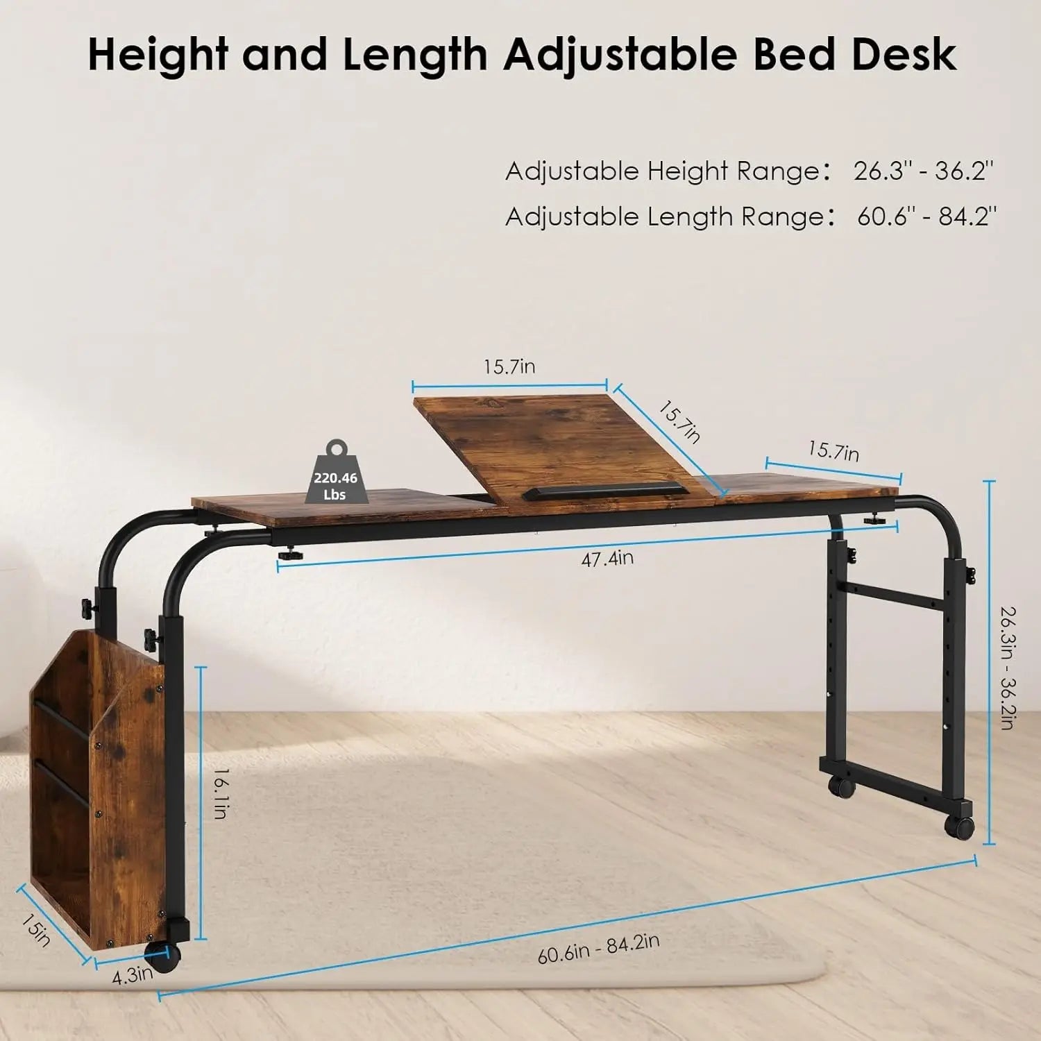 Overbed Table with Wheels,60.6-84.2″ Mobile Bed Desk,Rolling Computer Desk, Laptop Cart,W/0-65°Tilt Stand,4 Heights,6 Lengths