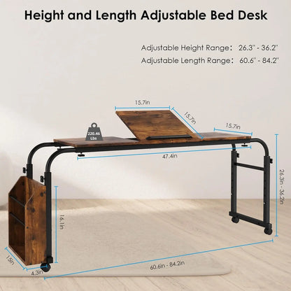 Overbed Table with Wheels,60.6-84.2″ Mobile Bed Desk,Rolling Computer Desk, Laptop Cart,W/0-65°Tilt Stand,4 Heights,6 Lengths
