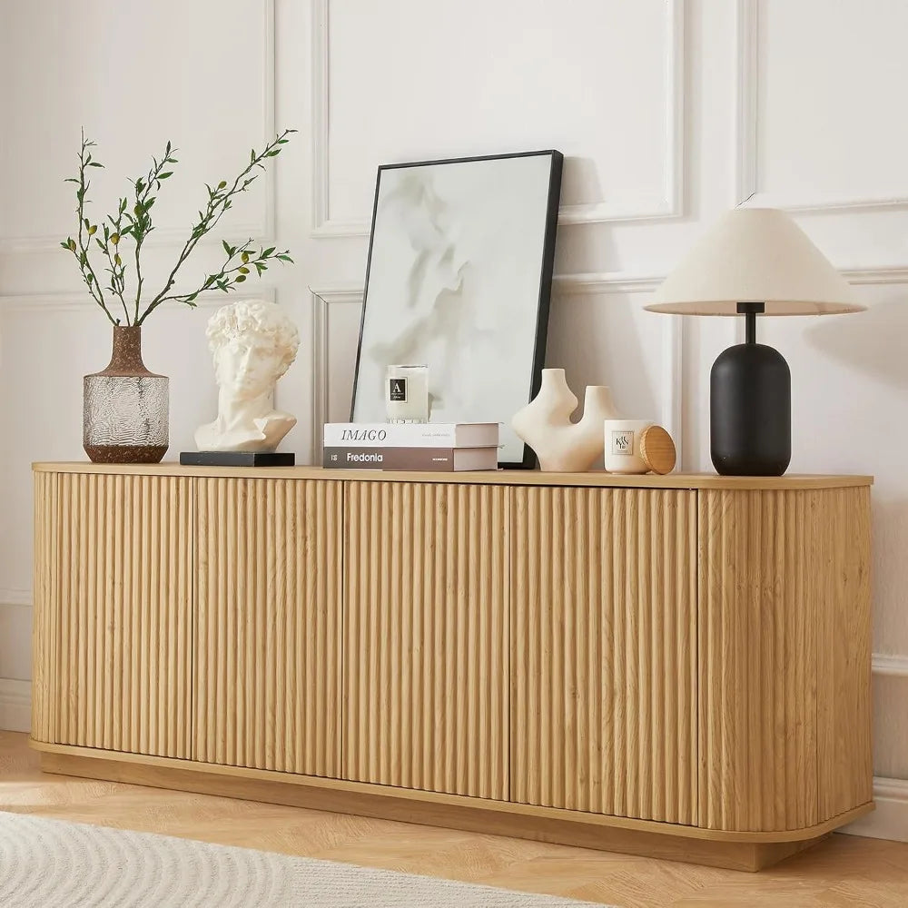 64" Sideboard Buffet Cabinet with Adjustable Shelves, Wooden Fluted Storage Credenza for Kitchen Living Room (Natural Oak)