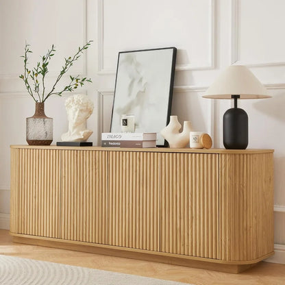 64" Sideboard Buffet Cabinet with Adjustable Shelves, Wooden Fluted Storage Credenza for Kitchen Living Room (Natural Oak)