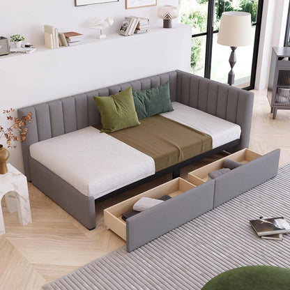 Twin Size Daybed, Upholstered Twin Daybed with 2 Storage Drawers, Linen Fabric Twin Size Sofa Bed Frame, No Box, Customized