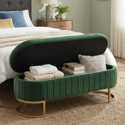 51in Velvet Tufted Storage Ottoman Bench with Flip-Top Lid and Gold Metal Legs