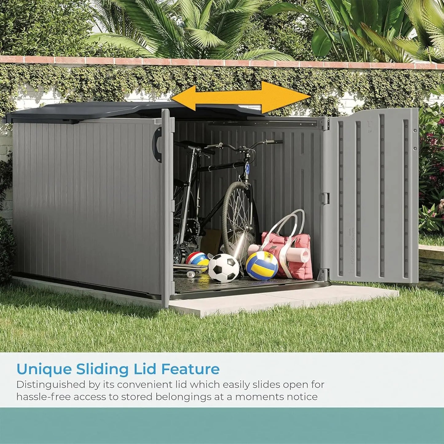 New-Glidetop Horizontal Outdoor Storage Shed with Pad-Lockable Sliding Lid and Doors, All-Weather Shed 57.5" W x 79.75" D x