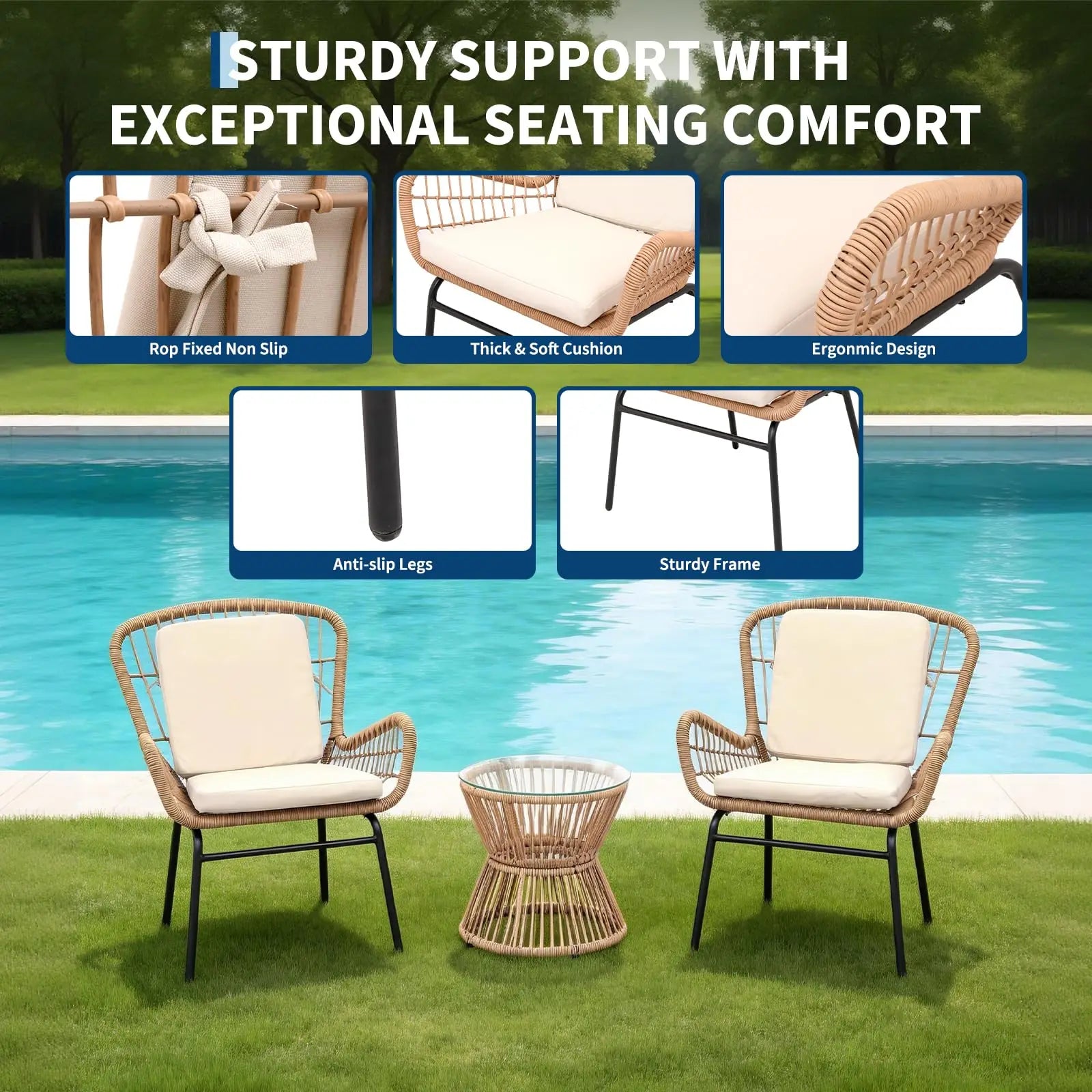 Boho 3PCS Patio Furniture Set, Outdoor PE Rattan Bistro Set With 2 Wide Cushioned Chairs &amp; Glass Table For Deck Porch Poolside