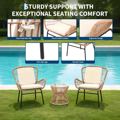 Boho 3PCS Patio Furniture Set, Outdoor PE Rattan Bistro Set With 2 Wide Cushioned Chairs &amp; Glass Table For Deck Porch Poolside