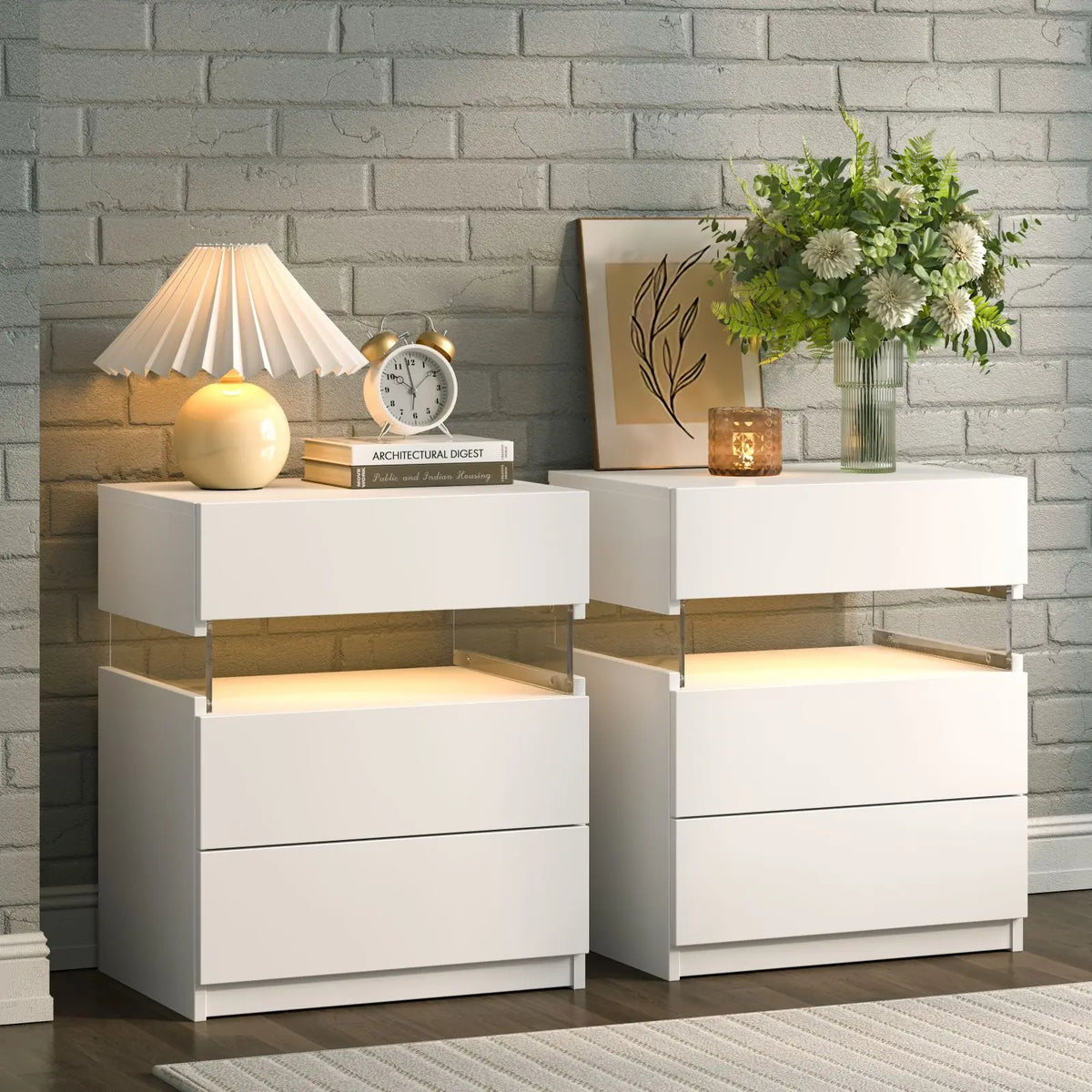 Cubehom LED Bedside Tables with Three Drawers for Bedroom