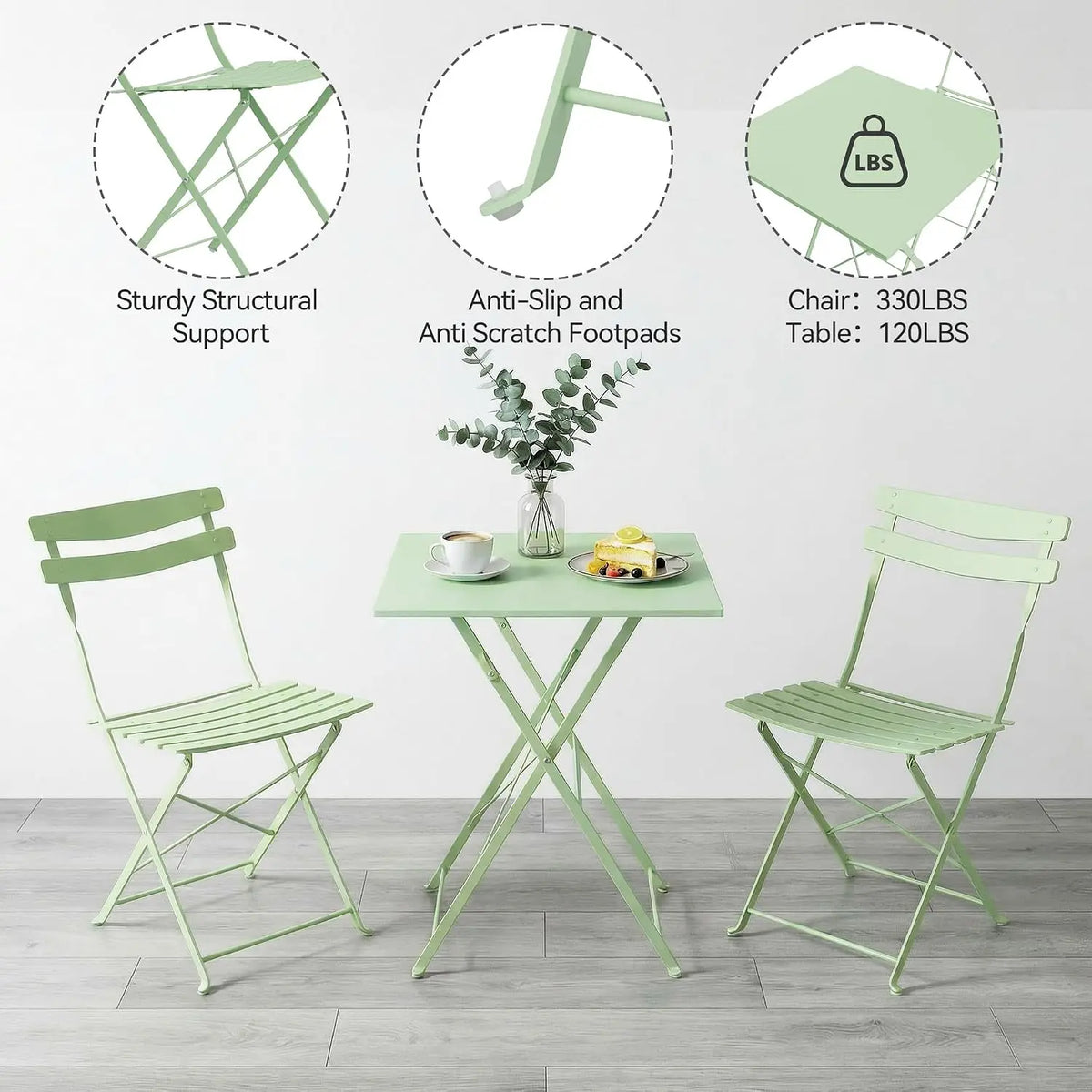 Space-Saving Collapsible Metal Bistro Set, 3-Piece Patio Table and 2 Chairs, Weather-Resistant, No Assembly, Compact for Balcony, Porch, Deck, Garden, Indoor, Outdoor