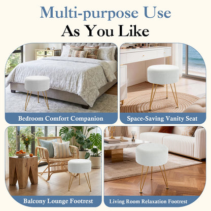 JHK Round Ottoman Velvet Footrest Chair Living Room Vanity Stool with 4CM Thick Cushion 350LBS Heavy-Duty Makeup Stool for Home