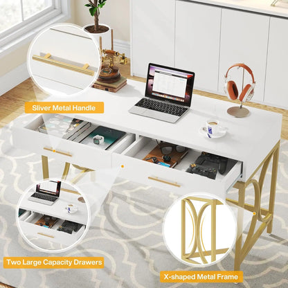 Modern Computer Desk with 2 Drawers Set of 2, 41 Inches Study Writing Office Desk for Home Office, Bedroom, Makeup, Customized