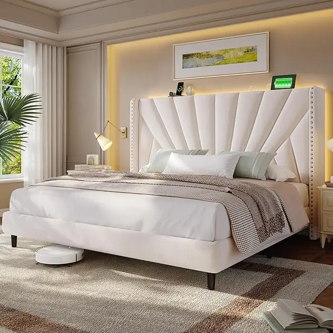 Chengwei Velvet Wingback King Bed Frame With LED Headboard