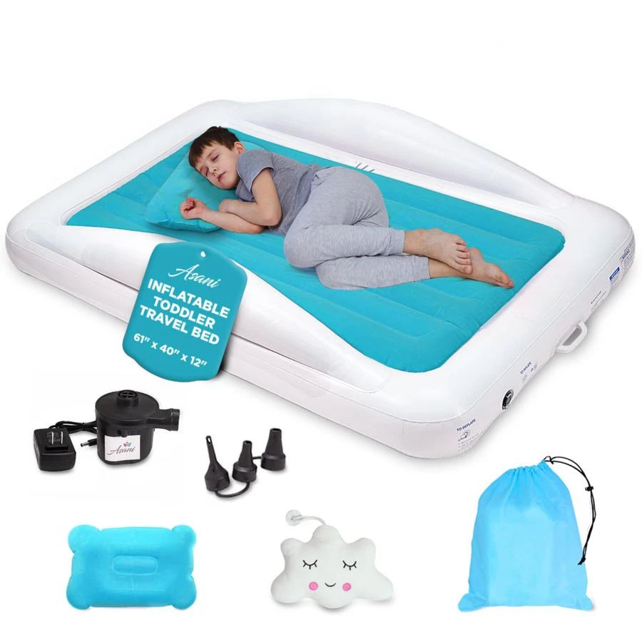 Inflatable Toddler Travel Bed, Electric Pump, Leakproof Air Mattress, Bumpers, Carry Case, Pillow Fits Kids Up to 4ft Blue Porta