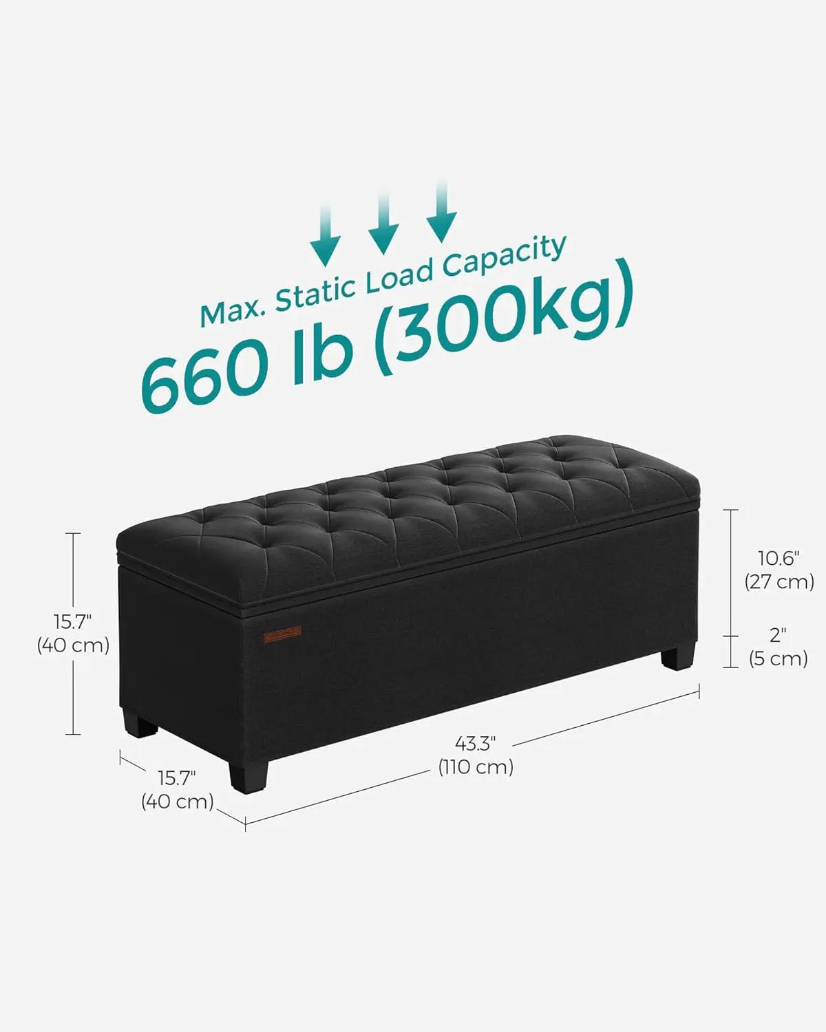 Storage Ottoman Bench with Legs, 15.7x43.3x15.7 Inches, End of Bed Bench, Holds 660 lb for Living Room Bedroom Entryway in Black