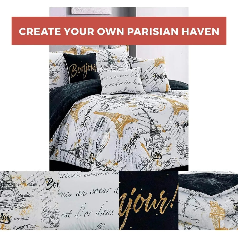 Queen Size Paris Comforter Set in a Bag - 7 Piece Paris Bedroom Comforter Set with Shams, Bedskirt Cushions, Eiffel Tower Beddi