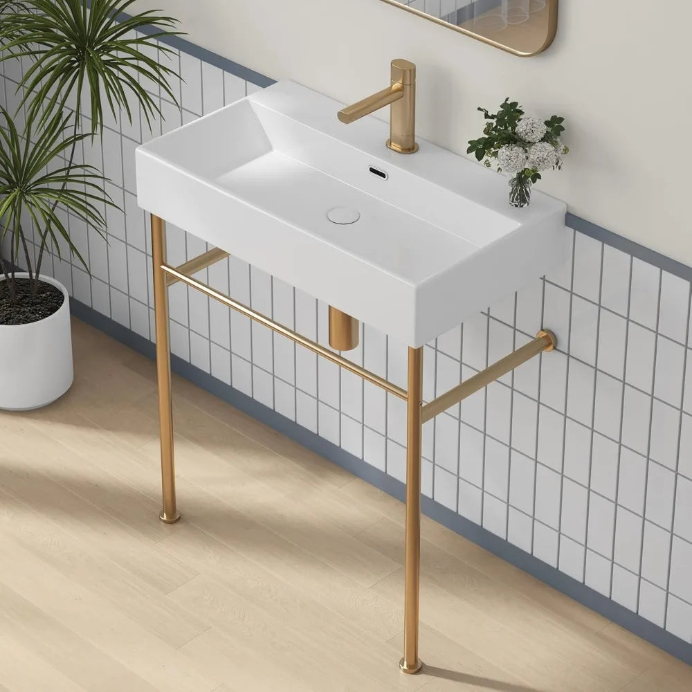 30"x16" Console Bathroom Sink, Free Standing 30 Inch Bracket Stainless Steel Support Pedestal Legs, Wall Mount Vessel Ceramic V