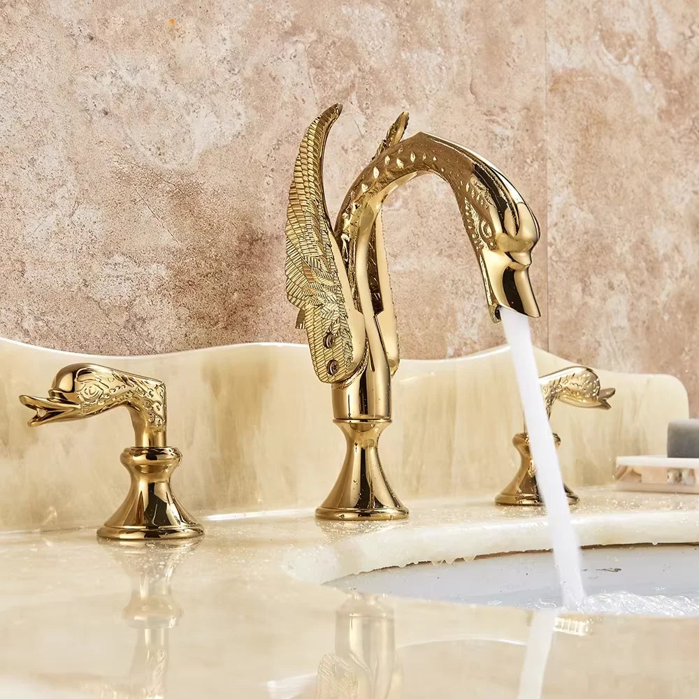 Senlesen Golden Bathroom Basin Faucet Brass Double Handle Hot Cold Sink Mixer Tap Swan Shape Basin Faucet Bathtub Mixers Crane