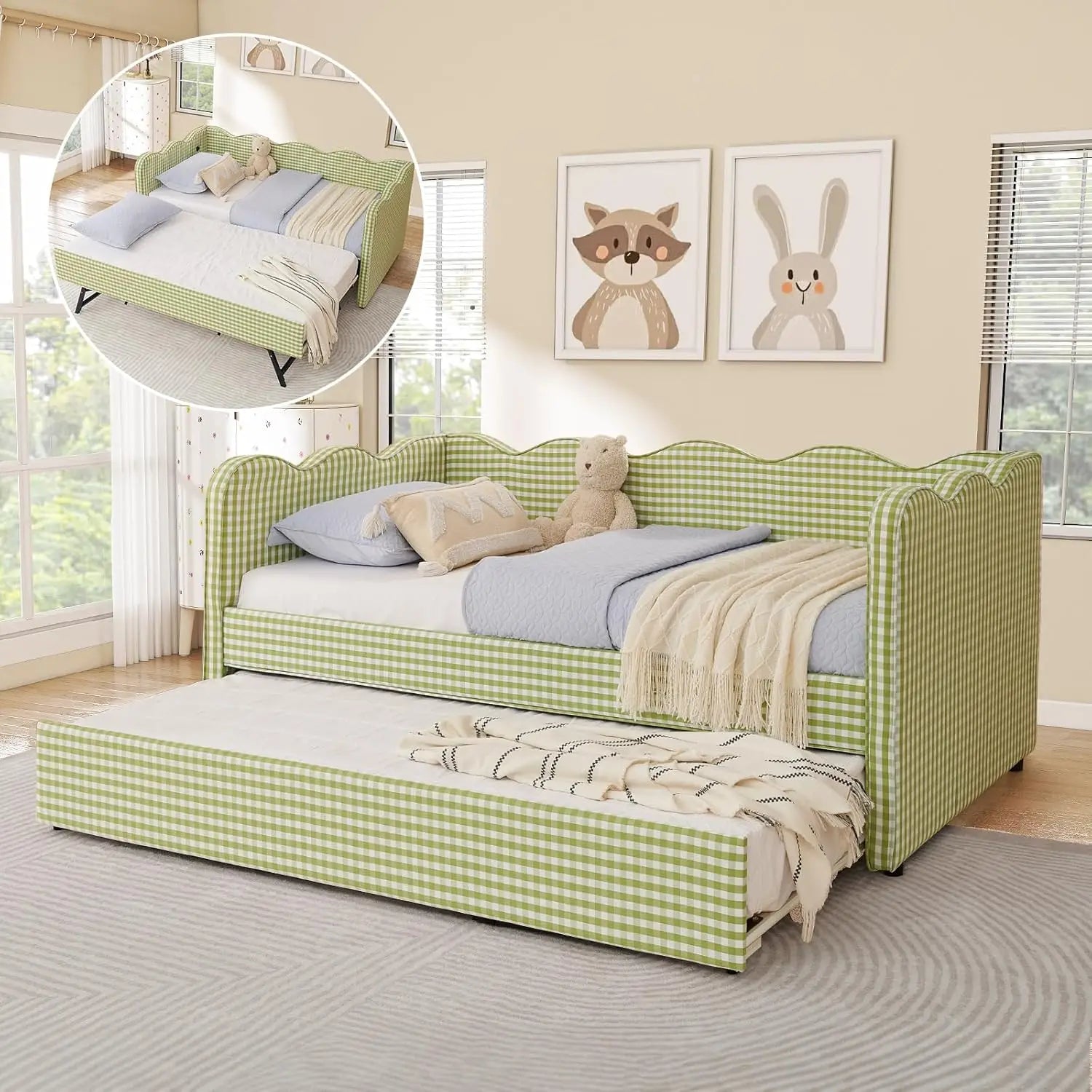 Twin Daybed Pop Up Trundle Linen Upholstered Convertible Sofa Bed Guest Room No Box Spring Customized