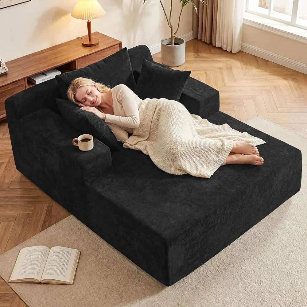Chenille Chaise Lounge Chair With Pillows For Living Room Bedroom