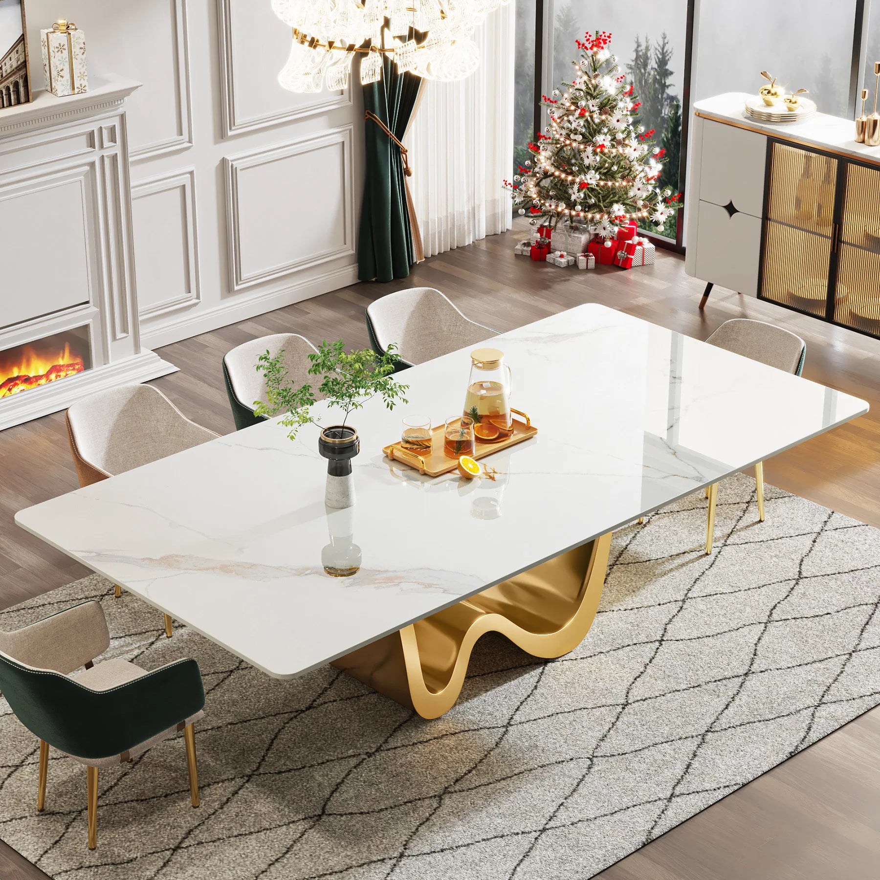 Tribesigns 78.74" Sintered Stone Dining Table for 6-8, Modern Rectangle Dining Table, Luxury White &amp; Gold Kitchen Table