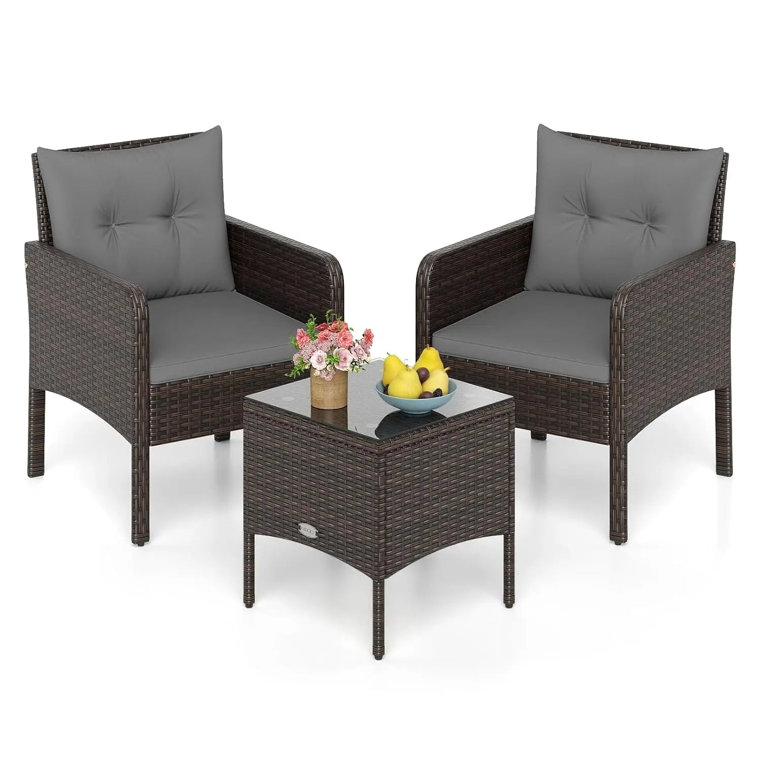 3 Piece Outdoor Patio Furniture Set, Wicker Chairs Set with Glass Top Coffee Table, Thick Cushions, All Weather, Customized