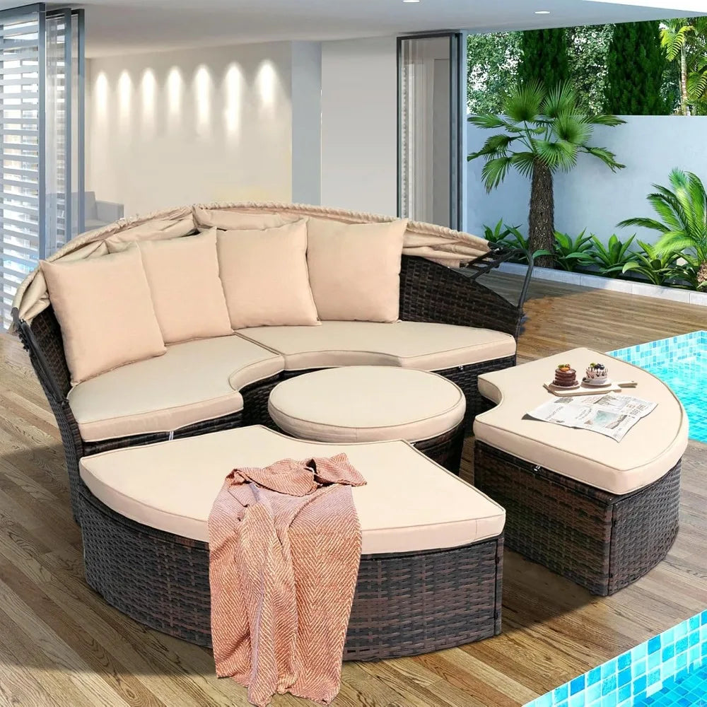 DAFIFY Outdoor Patio Daybed With Retractable Canopy Wicker Rattan Set