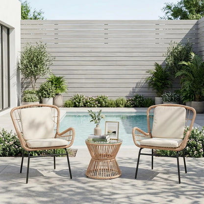 Boho 3PCS Patio Furniture Set, Outdoor PE Rattan Bistro Set With 2 Wide Cushioned Chairs &amp; Glass Table For Deck Porch Poolside