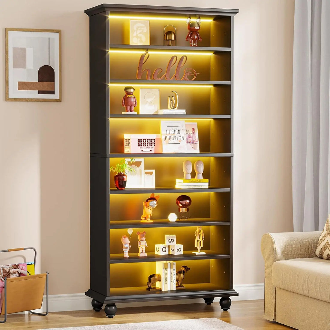 Bookcase with LED Lighting,Freestanding Bookshelf with Solid Wood Legs,Open Display Shelf Organizer for Living Room, Home Office