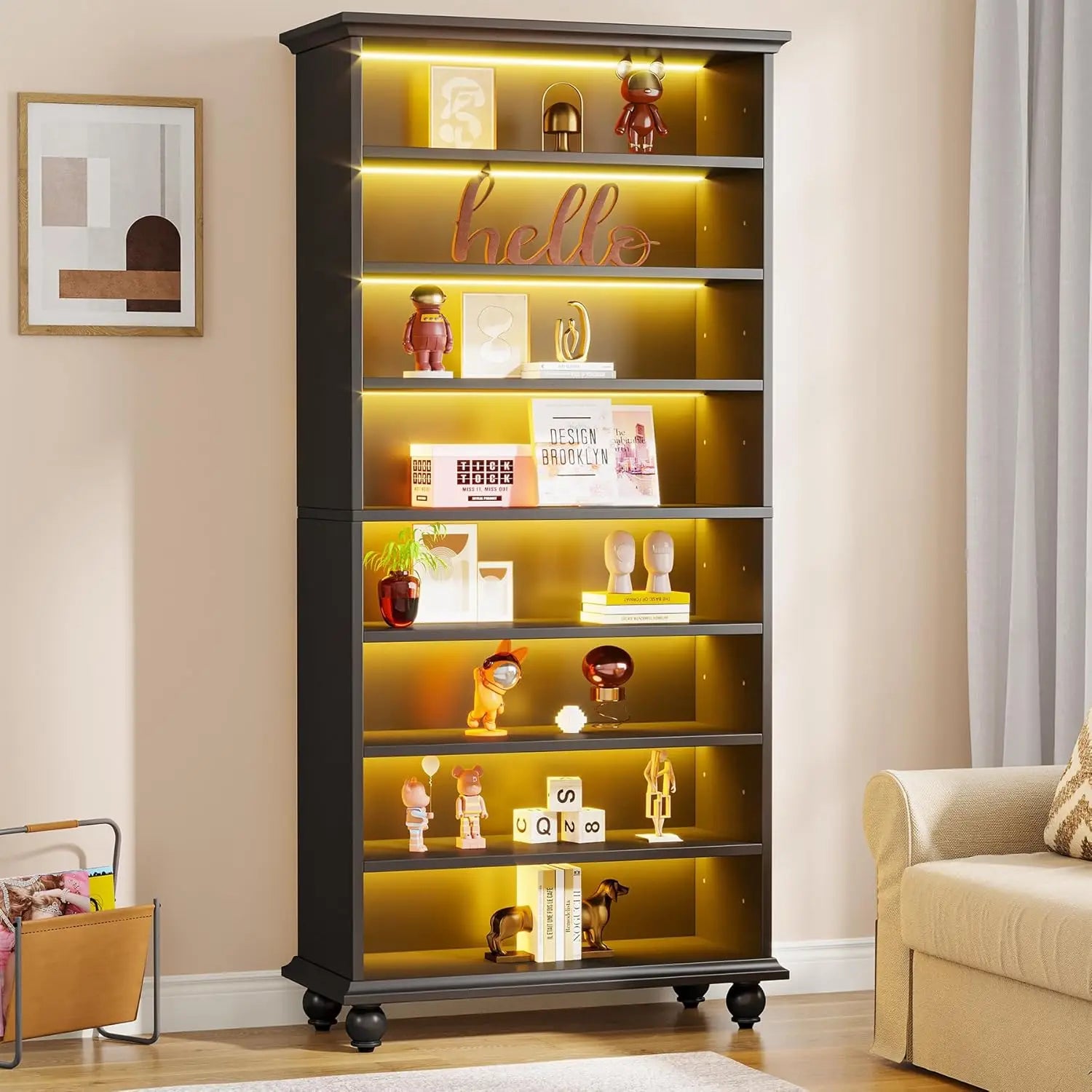 Bookcase with LED Lighting,Freestanding Bookshelf with Solid Wood Legs,Open Display Shelf Organizer for Living Room, Home Office