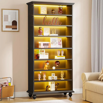Bookcase with LED Lighting,Freestanding Bookshelf with Solid Wood Legs,Open Display Shelf Organizer for Living Room, Home Office
