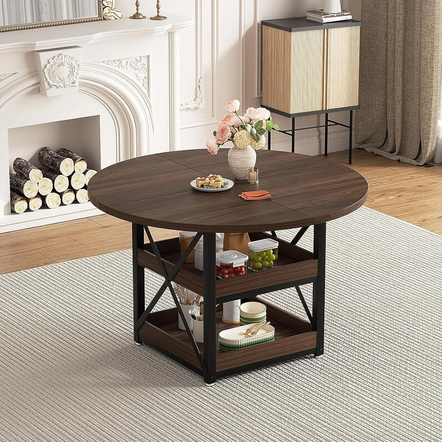5-Piece Round Dining Table Set for 4 with Storage, Kitchen Table with 4 PU Leather Chairs, Space Saving for, Customized