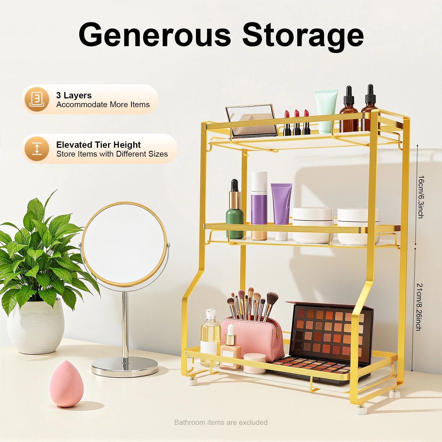 3-Tier Bathroom Countertop Organizer 22.05LBS/ Tier Gold Storage Shelf for Toiletries Cosmetics