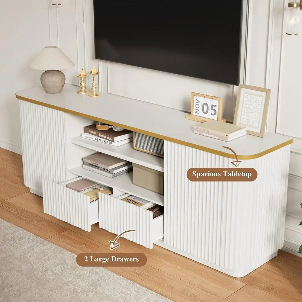 Modern Fluted Wood TV Stand With Storage Drawers And Cabinets