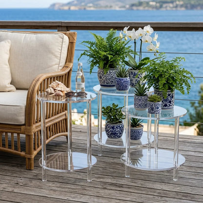 Modern Round Acrylic End Table - Crystal Clear Nightstand with Storage Shelf - 2-Tier Small Coffee Table for Living Room, Bedroo