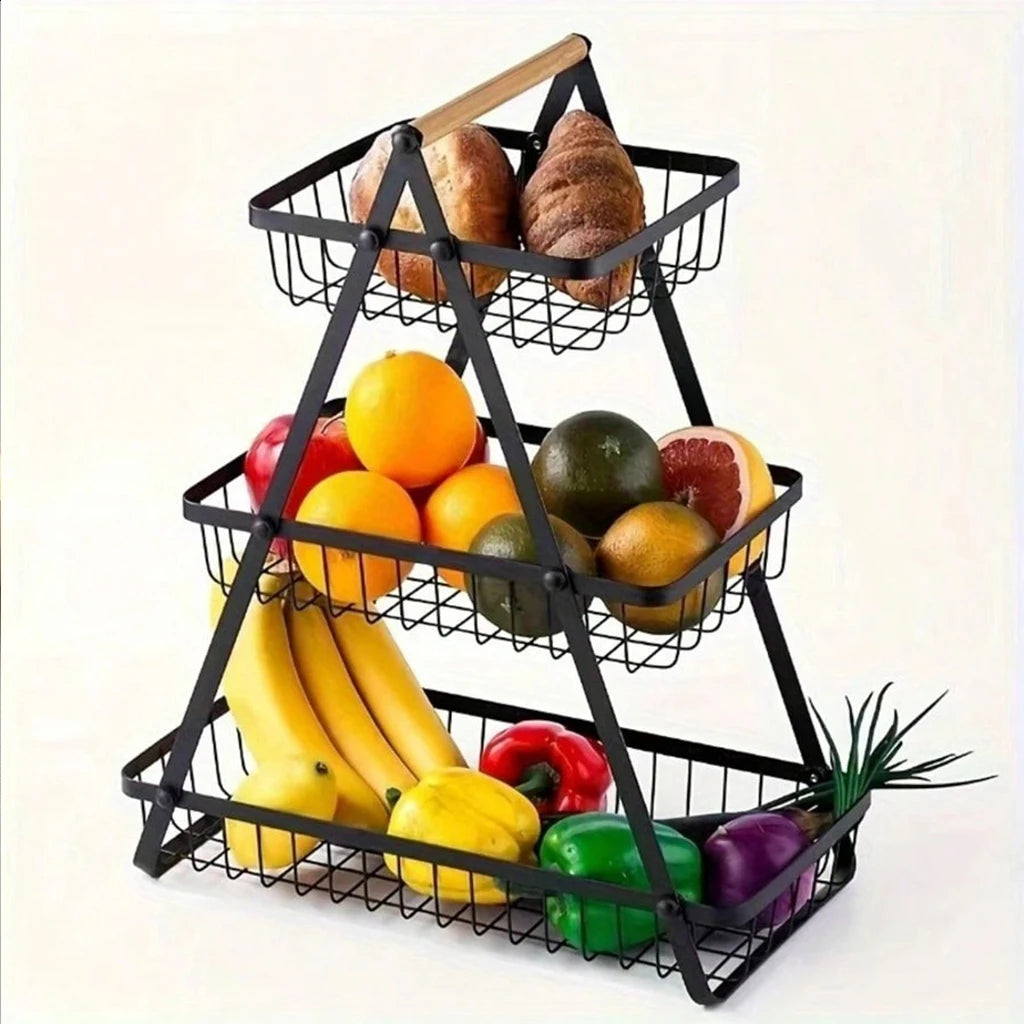 3-Tier Foldable Metal Fruit &amp; Vegetable Storage Rack with Wooden Handle - Kitchen Countertop Organizer Basket for Bread, Produce, Pantry Organization