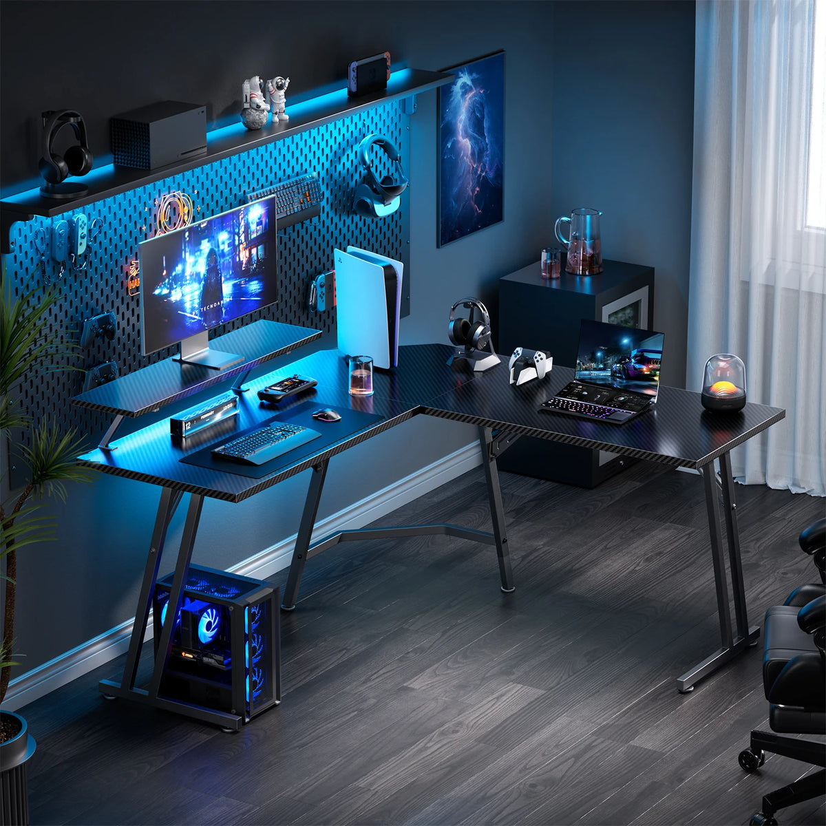 FRODROVIA L-Shaped Gaming Desk With LED Lights And Monitor Stand