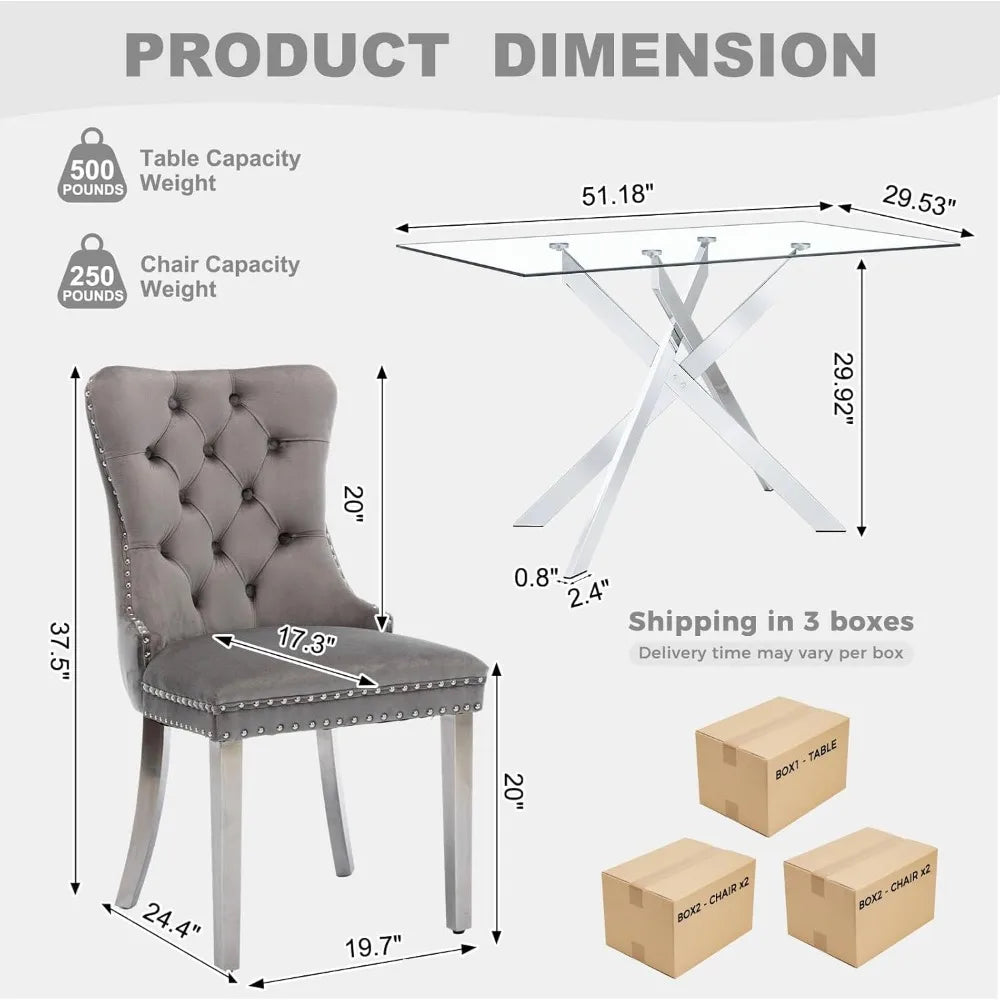 51 Inch Glass Dining Table Set for 4, Rectangular Glass Kitchen Table with 4 Upholstered Velvet Accent Chairs, 5 Piece Modern Di