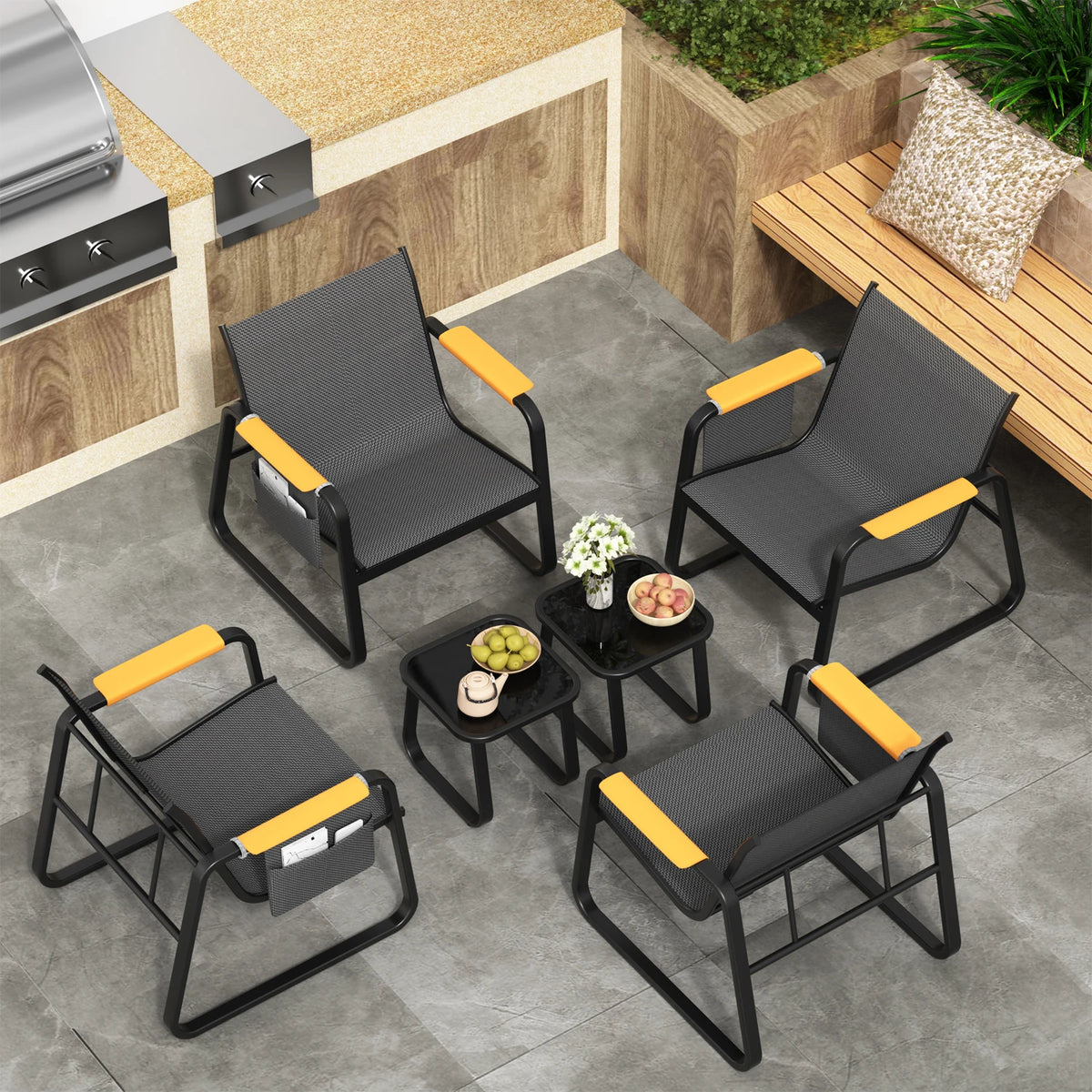 6-Piece Textilene Patio Conversation Set, Outdoor Chairs with Wide Armrests &amp; Side Storage Pockets, 2 Glass Top Side Tables, Weather Resistant Metal Frame for Backyard Poolside Garden Deck