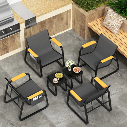 6-Piece Textilene Patio Conversation Set, Outdoor Chairs with Wide Armrests &amp; Side Storage Pockets, 2 Glass Top Side Tables, Weather Resistant Metal Frame for Backyard Poolside Garden Deck